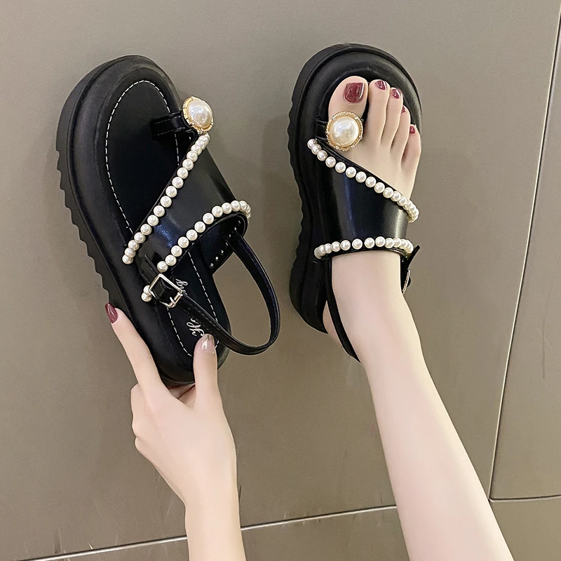 

Beige Heeled Sandals 2023 Summer Comfort Shoes for Women Wedge All-Match Med Increasing Height Muffins shoe Black Platform