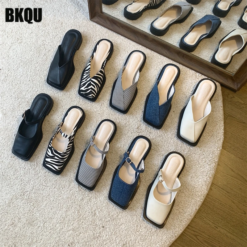 

Square Toe Women Mules 2022 New Summer Buckle Vintage Slipper Ladies Outside Flats Slides Female Casual Shoes Retro Plaid Denim