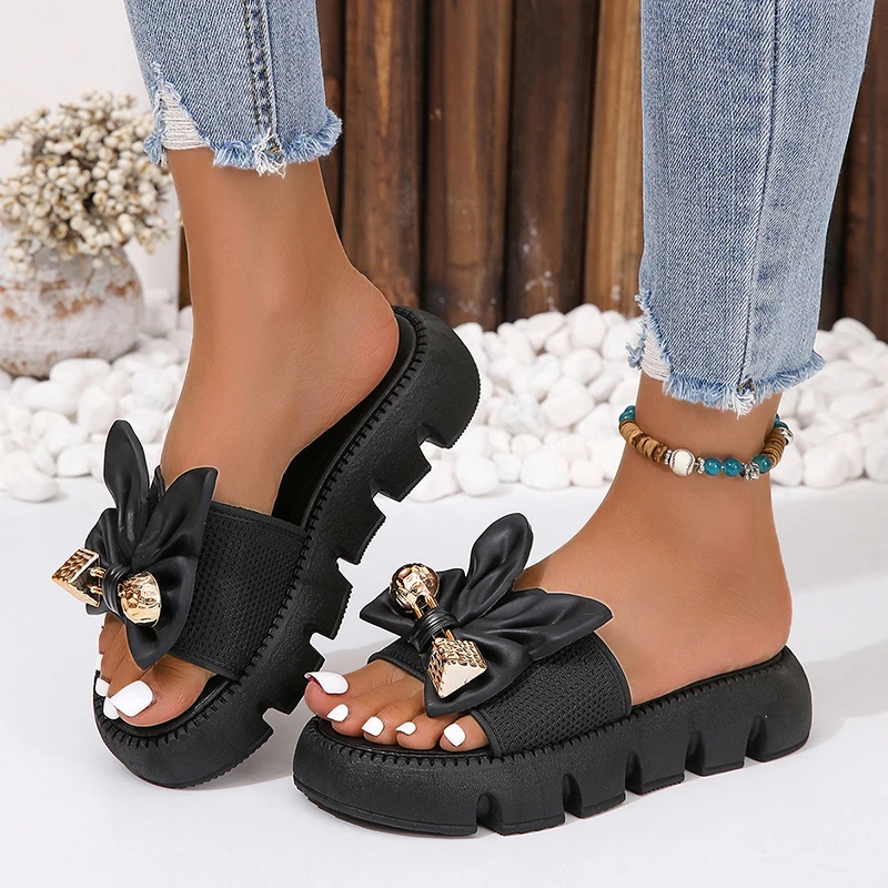 

Women's Slippers 2023 Open Toe Bow Knot Thick Bottom Sandals Summer Fashion Non-slip Flat Bottom Ladies Slippers Shoes for Women