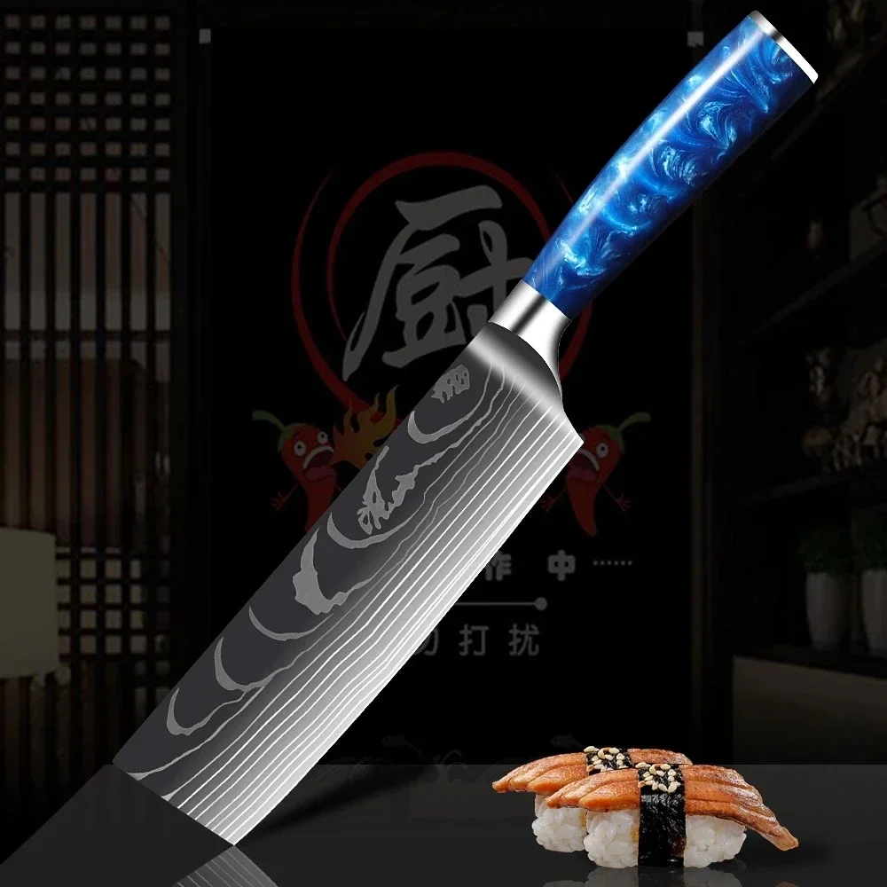 Kitchen Knives Set Blue Resin Handle Laser Damascus Blade Chef Fish Meat Cleaver Slicing Japanese Knife Sets