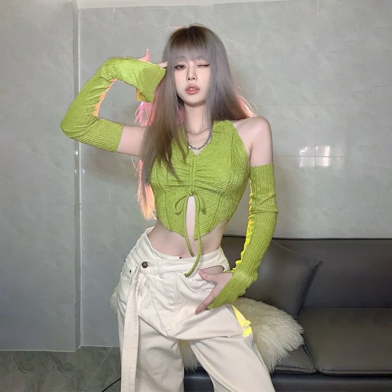 

Green White hanging neck drawstring crop Top shirt split sleeve two-piece Top Spice Girl slim fit versatile short women tshirt