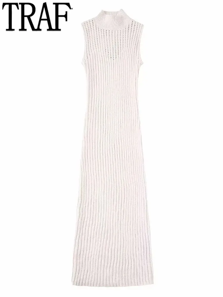 

TRAF Chenille Knitted Dresses for Women Bodycon Long Dress Woman Sleeveless Knit Maxi Dress Women Turtleneck Summer Female Dress
