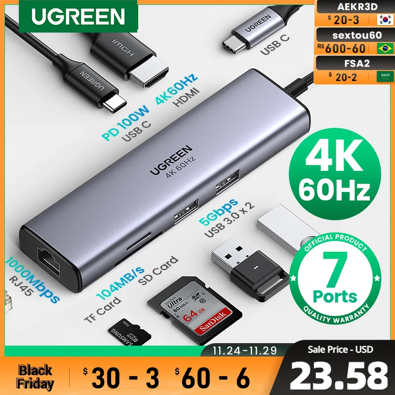UGREEN-HUB USB tipo C 4K 60Hz a HDMI 2,0, RJ45, USB 3,0, PD, 100W, adaptador para Macbook Air Pro, iPad Pro M1, accesorios para PC