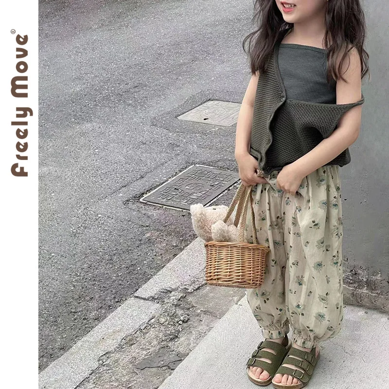 

2023 New Kids Clothes Set Summer Clothing Set Solid Vest Sleeveless Coat Floral Pants 3pcs Fashion Children Girls Set