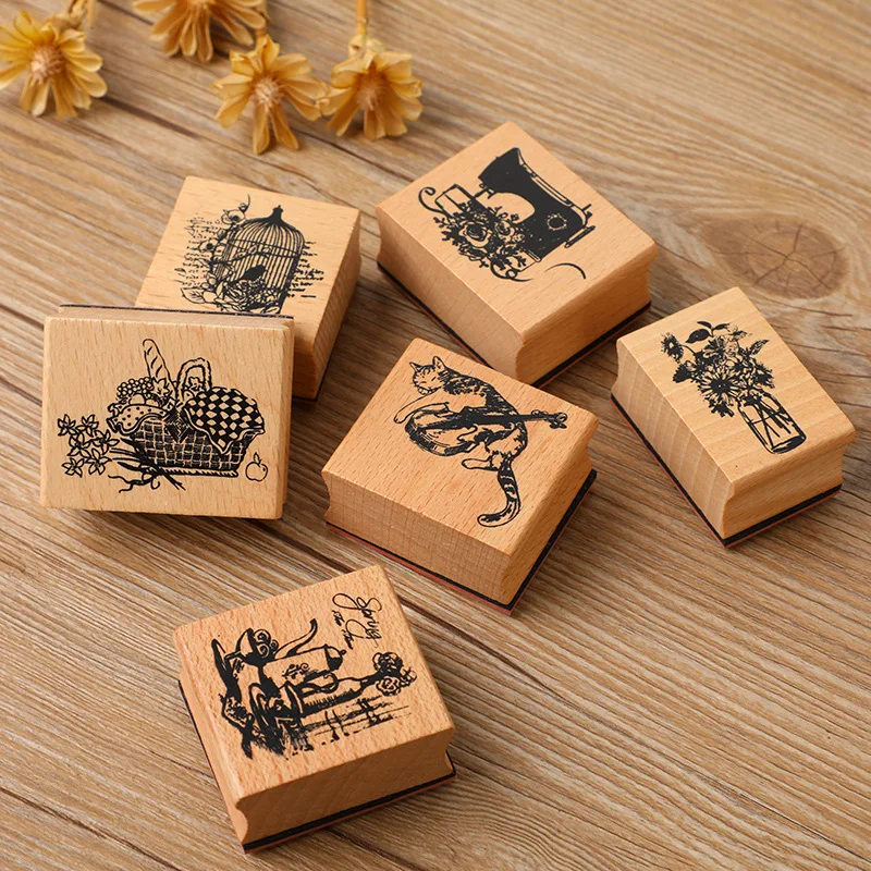

Vintag Esewing Machine Birdcage Cat Decoration Wooden Rubber Stamps for Scrapbooking Diary Stationery DIY Craft Standard Seal