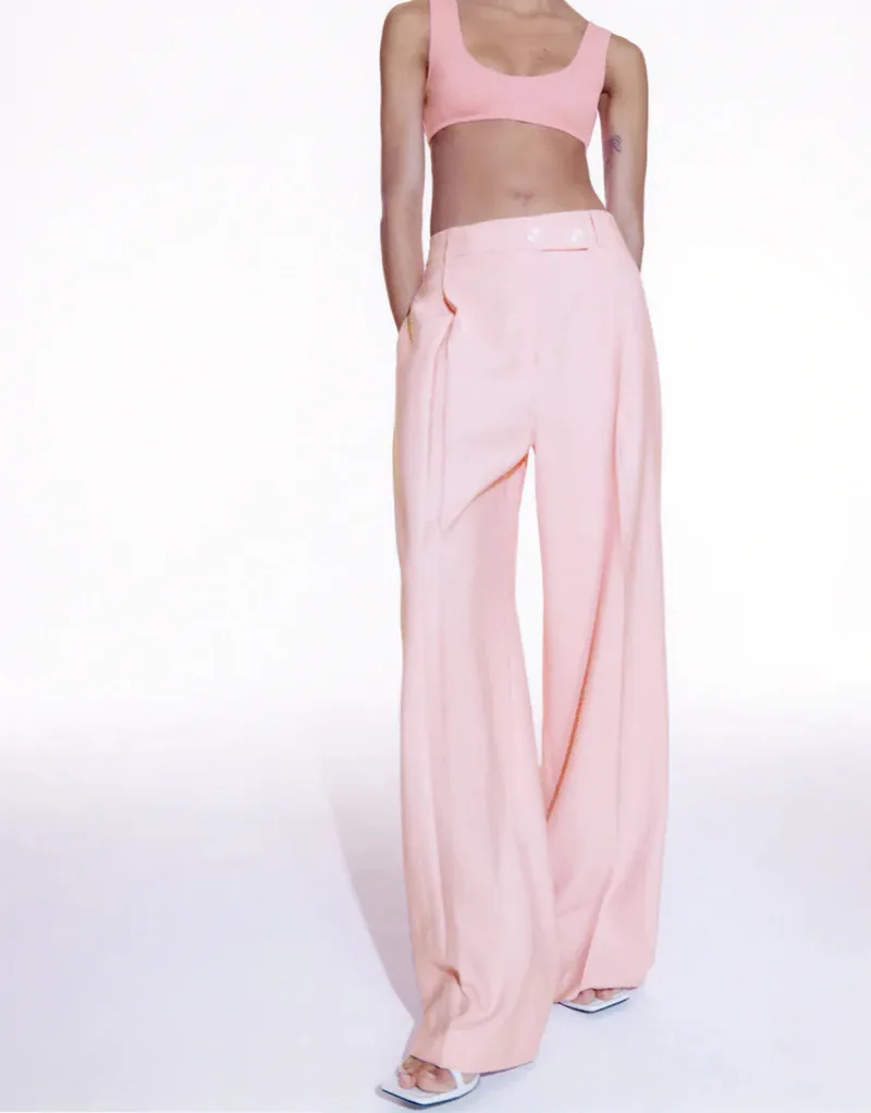 

High Quality Summer Women's Drape Casual Pants High Waist Loose Straight Pink Wide Leg Pants