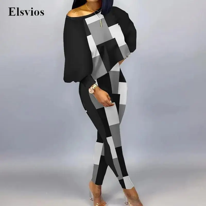 

Женский спортивный костюм с геометрическим принтом, Свободный Повседневный свитшот с длинным рукавом и брюки-карандаш в стиле ретро
