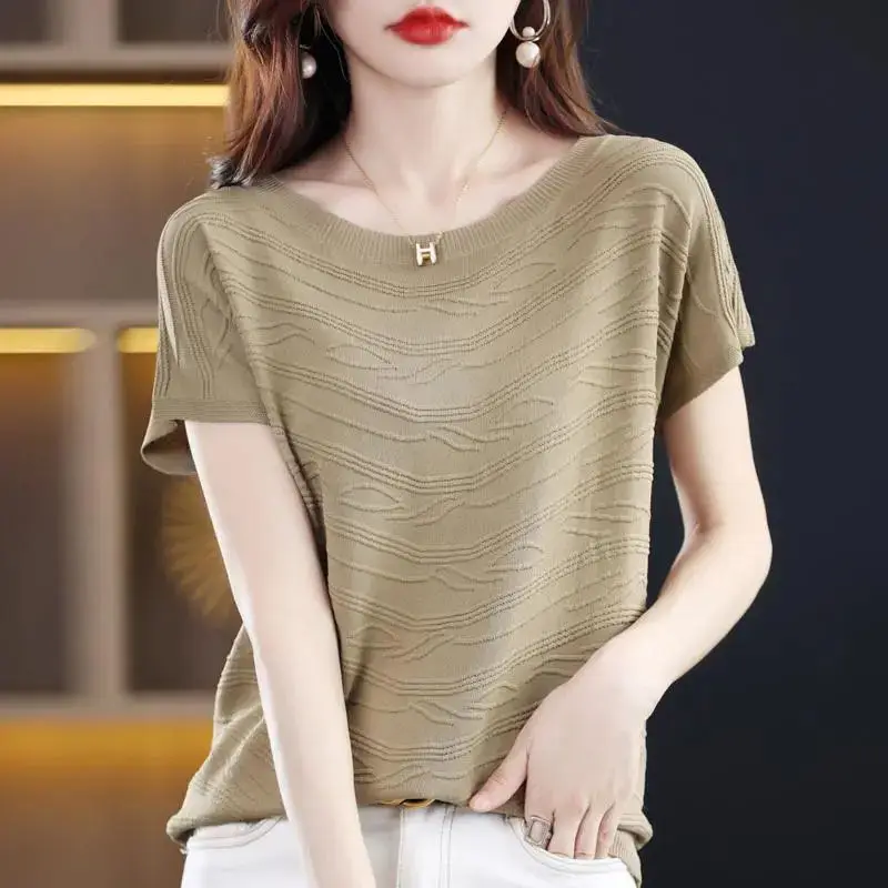 

Women 2023 Summer New Loose Thin Knitted Tops Female Short-sleeved Casual T-shirt Ladies Ice Silk Solid Color T-shirts A137