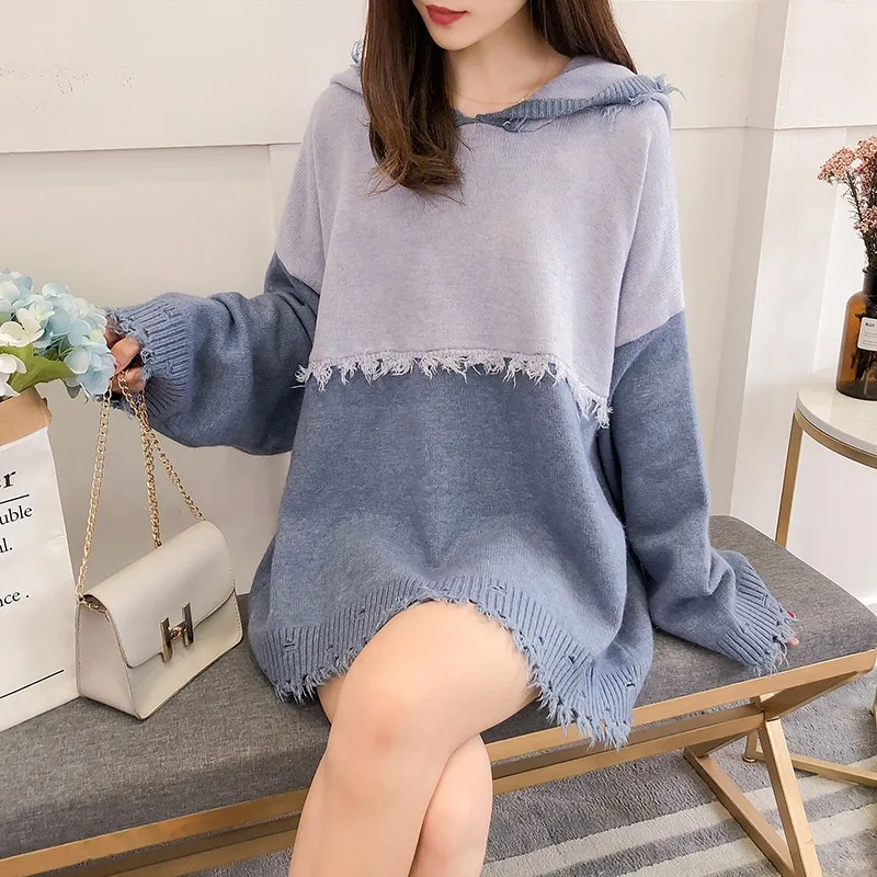 

Fashion Tassel Contrast Sweater Women's Hooded Collar Full Sleeve Casual Oversized All-match 2021 Fall/winter New
