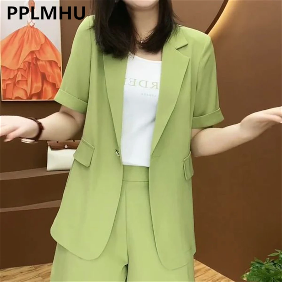 

Summer Casual Korean Office Outfit Short Sleeve Unlined Blazer Coats Tracksuits Baggy Shorts 2 Piece Sets Woman Formal Conjuntos