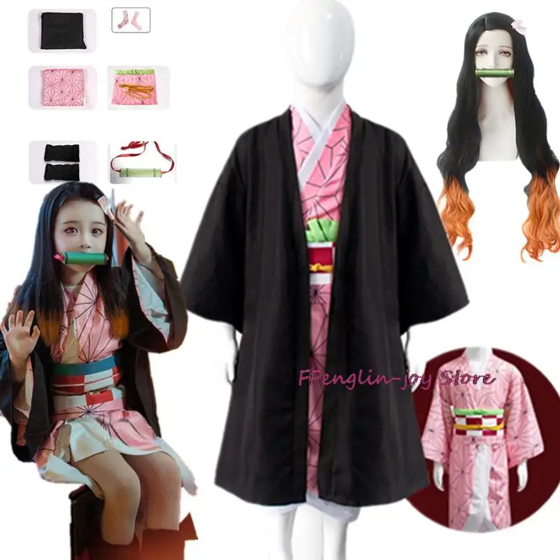 

Anime Demon Slayer Nezuko Cosplay Costume Kimono Kimetsu No Yaiba Kamado Nezuko Costume Wig Girls Kimono Child Comic Con Costume