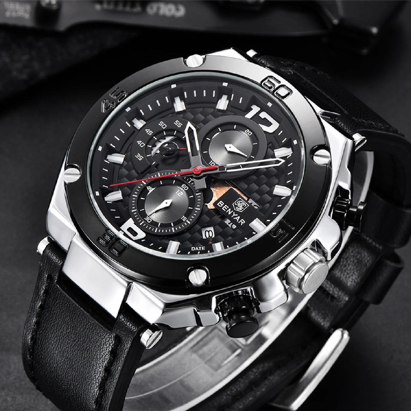

BENYAR Men Sports Chronograph Watches Waterproof Men Quartz Wristwatches Top Brand Leather Military Watch for Men reloj hombre