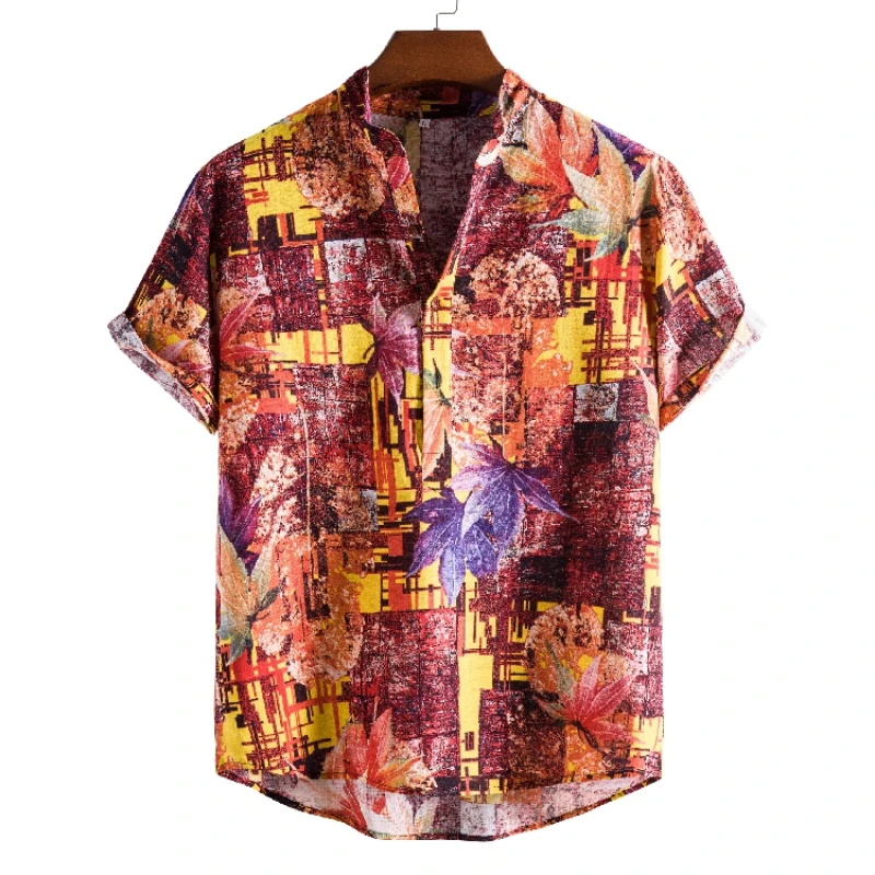 

European Size 2022 Summer New Stand-up Collar Short-sleeved Ethnic Style Floral Man's Hawaii Vacation Inch Shirt Men Clothing