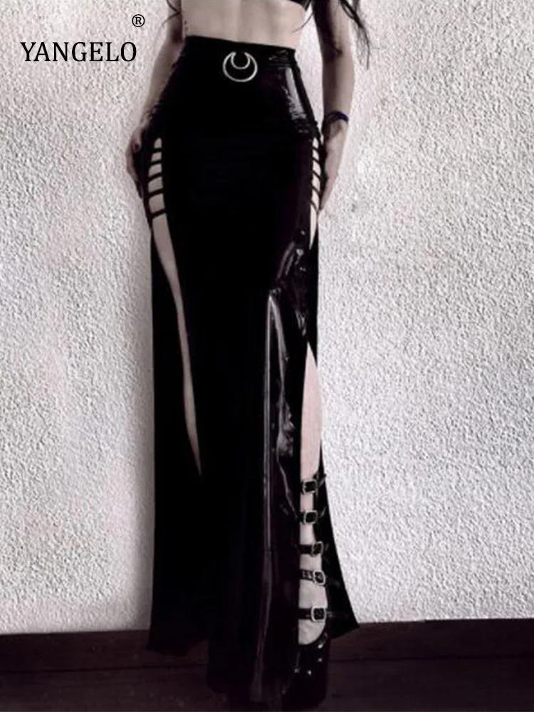 

Yangelo Faux Leather Long Skirts Women Gothic Streetwear High Waist Hollow Out Black PU Skirt Party Club Sexy Female Bottoms