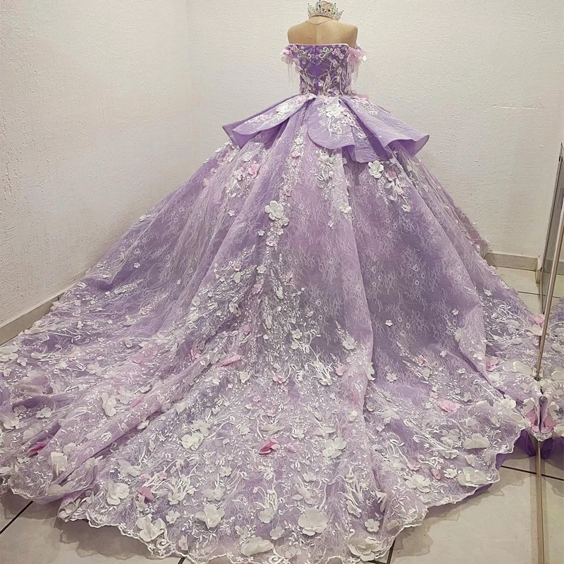 

Бальное платье принцессы сиреневого цвета с открытыми плечами, платье Quinceanera с 3D цветочными аппликациями ручной работы и бусинами, милое платье для выпускного вечера 15 дюймов