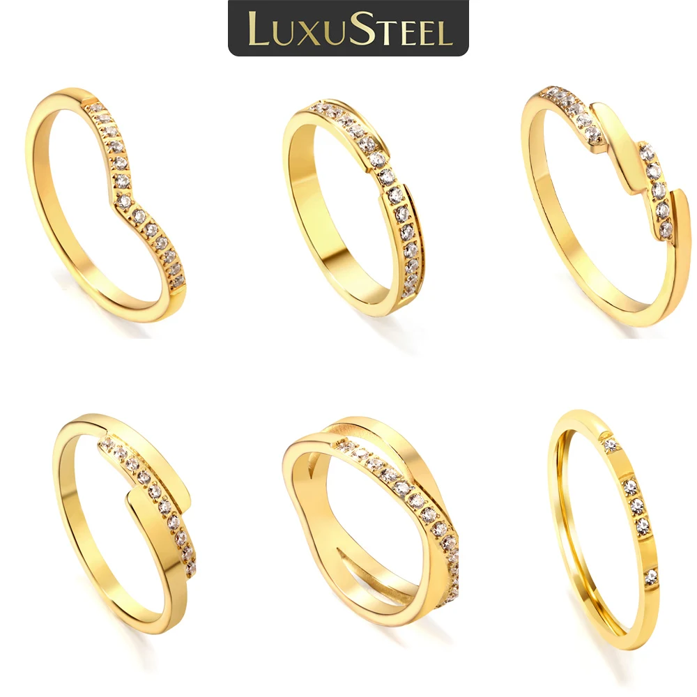 Фото Роскошные корейские новые обручальные кольца LUXUSTEEL для женщин из золотой нержавеющей стали с микрозакрепкой и фианитом для помолвки Роскошные ювелирные изделия №1