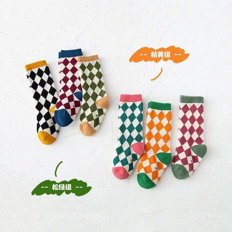 3pairs 1-8 Years Baby Socks Baby Boys Girls Fashion Vintage Colorful Plaid Long Socks Spring Autumn Kids Socks