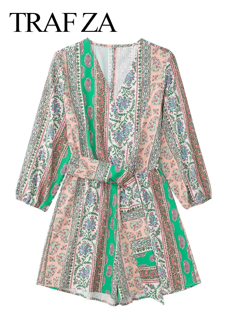 

TRAF ZA 2022 Retro One-piece Clothing Print Ethnic Style V-neck Loose Belt Jumpsuit Shorts Temperament Fashion + Series Shirt