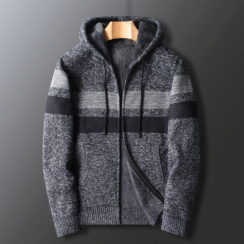 Men's Autumn and Winter Plus Velvet Thick Striped Stitching Sweater Knitted Cardigan Jacket Hooded 5 Colors Casual Loose New