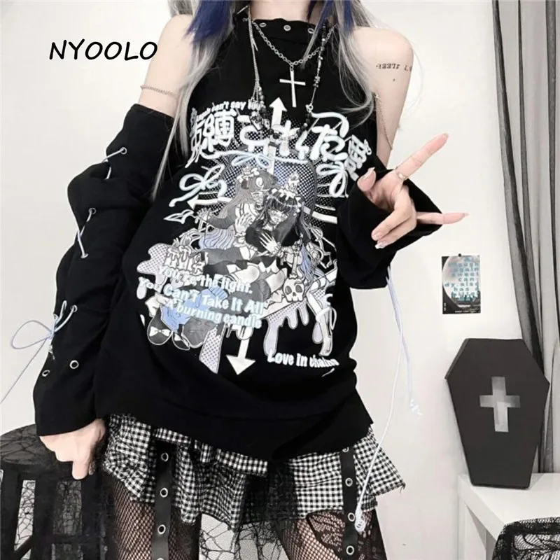

NYOOLO Gothic T Shirt Women Fairycore Grunge Drop Long Sleeve Tops 2000s Aesthetic Punk Style Clothes Y2k E Girl Tee Streetwear