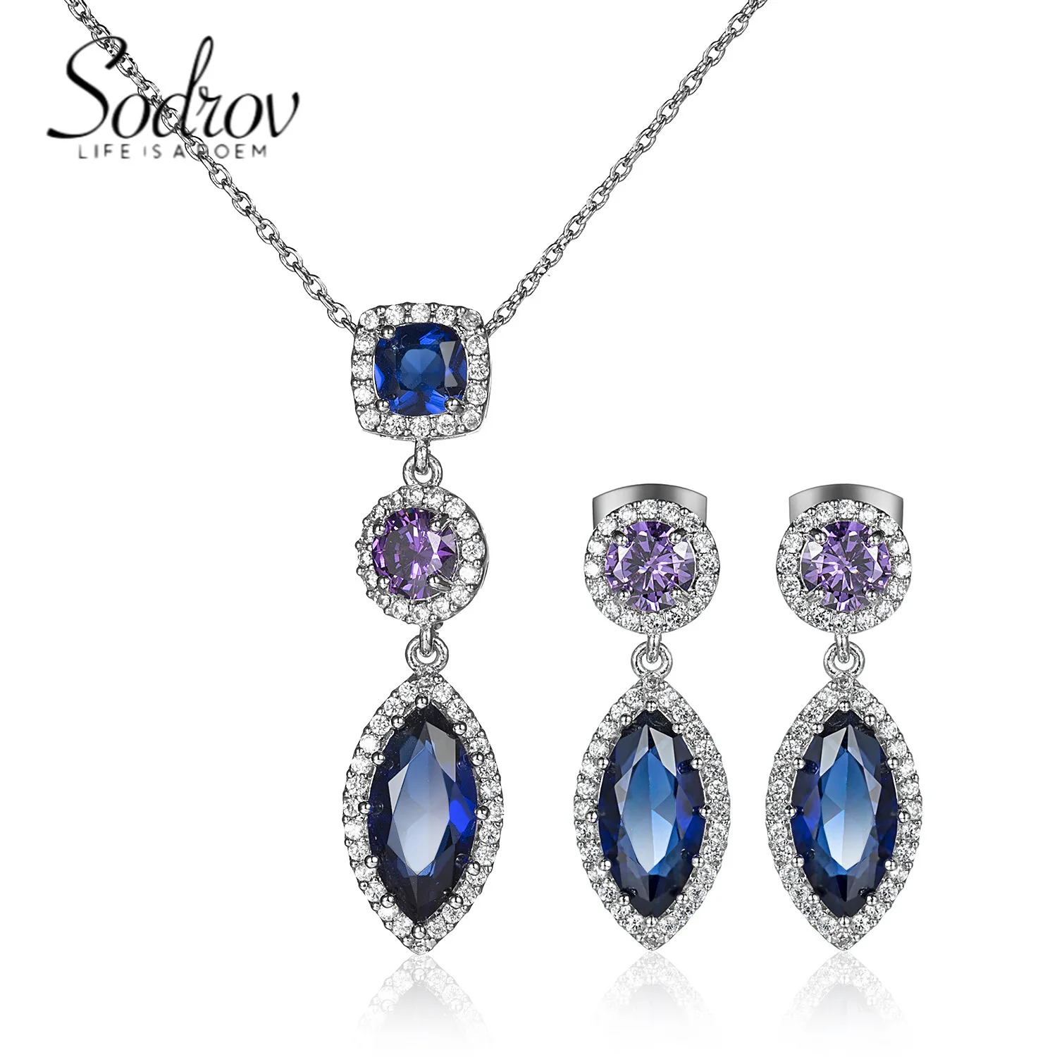 Роскошные Ювелирные наборы SODROV, ожерелье с подвеской и серьги-гвоздики маркиза из циркония с синим цирконием и цепочкой до ключиц, наборы