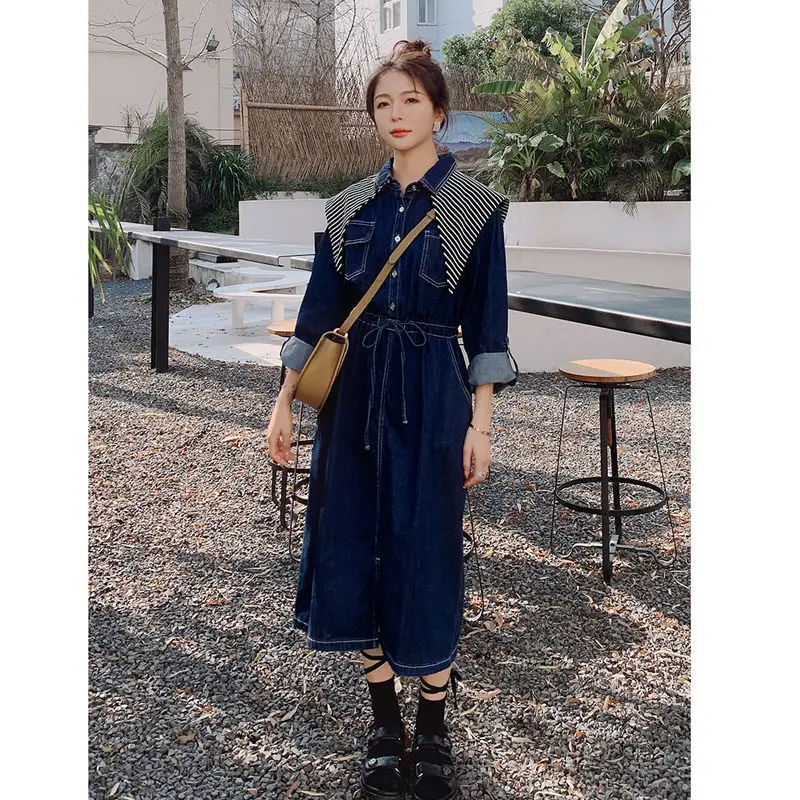 

Women 2022 Spring Autumn New French Long Jeans Dresses Female Patchwork Denim Dress Ladies Long Sleeve A-line Vestidos U266