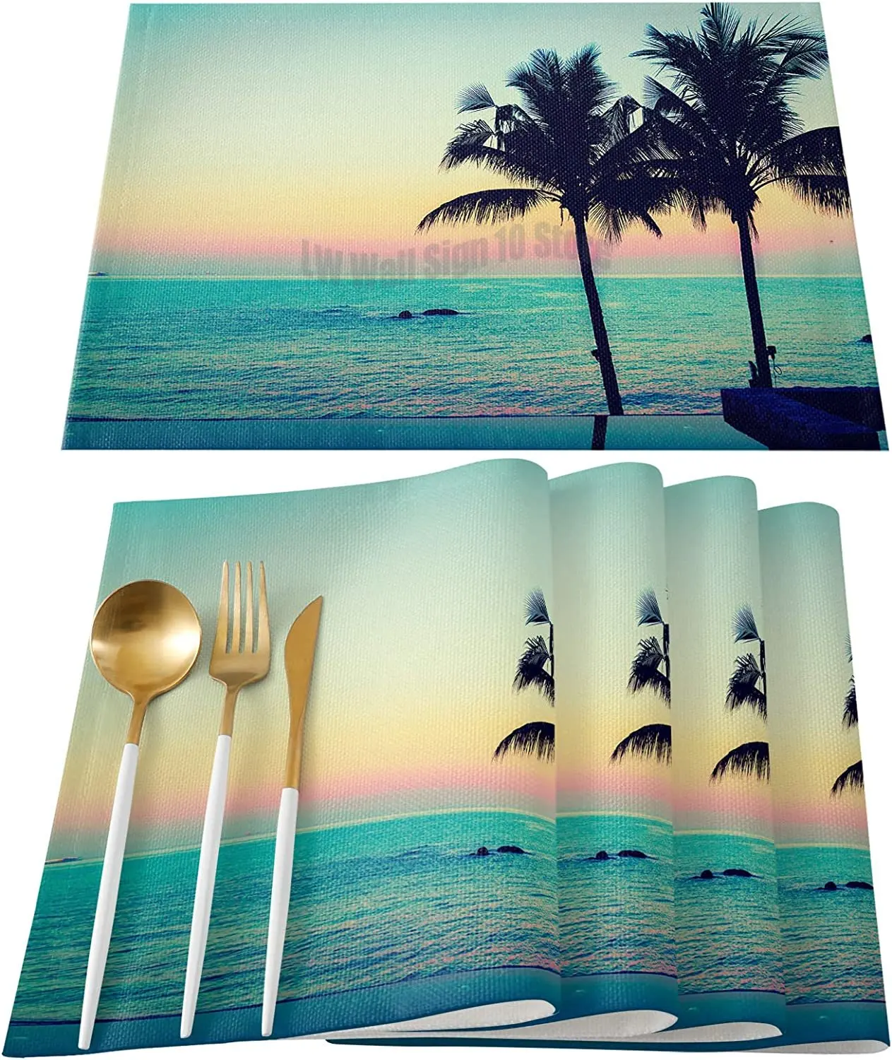 

Tropical Ocean Coast Island Palms Trees Theme Design Place Mat Easy to Clean Wipeable Placemats for Dining Kitchen Table