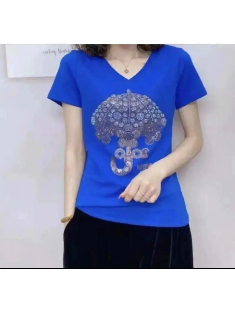 

Woman 2022 Summer Diamonds Tshirt Women Lace Rhinestone Lady T Shirt Camisetas Mujer Printing Womens T-Shirts fashion