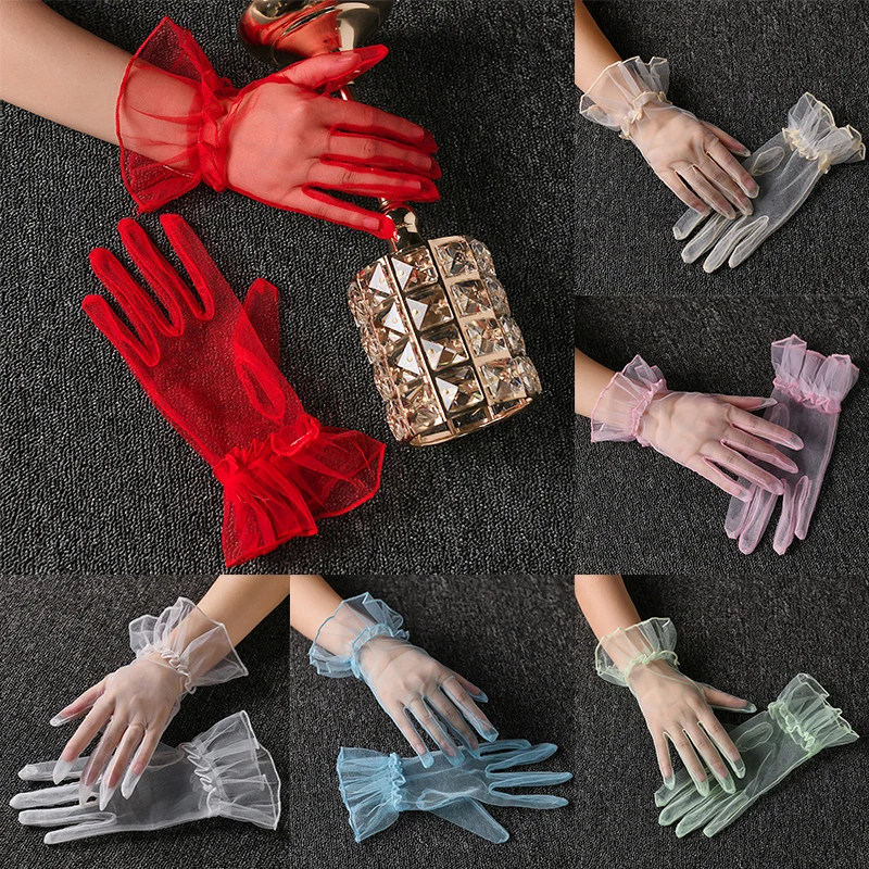 

Summer Thin Women Gloves Elastic Lotus Leaf Mittens Lace Full Finger Gloves Drving Gloves Transparent Gauze Short Tulle Gloves