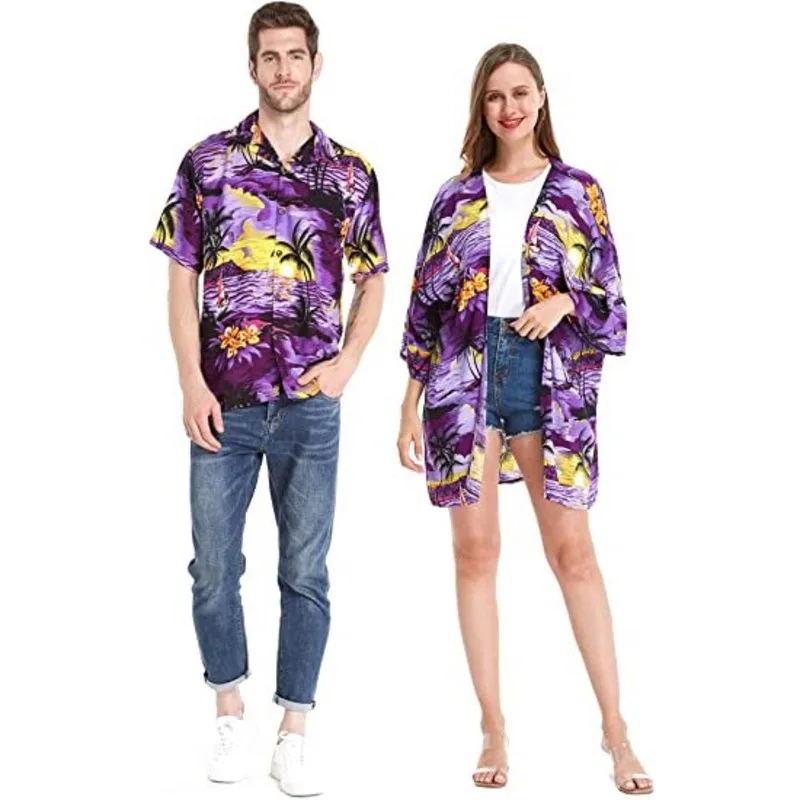 

Summer New Couple Outfit Hawaiian Beach Vacation Party Tropical Seaside Beach Coconut Tree Sunset Print Shirt Or Loose Kimono