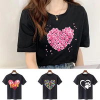 t shirt top women 2022 summer short sleeve tee casual breathable round neck tshirts love print clothing pullover all match shirt