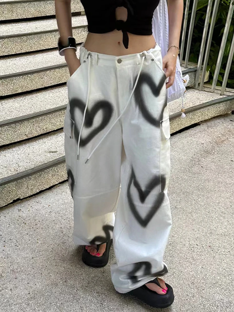 

Джинсы Korobov, индивидуальные джинсы в стиле Харадзюку контрастных цветов, Y2k, джинсы в форме сердца, граффити, брюки на завязках, женские брюки