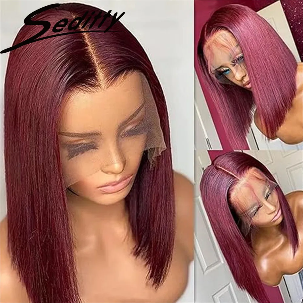 99J Бордовый Короткий Боб Парик Человеческих Волос 13x4 Фронта Шнурка Бразильские