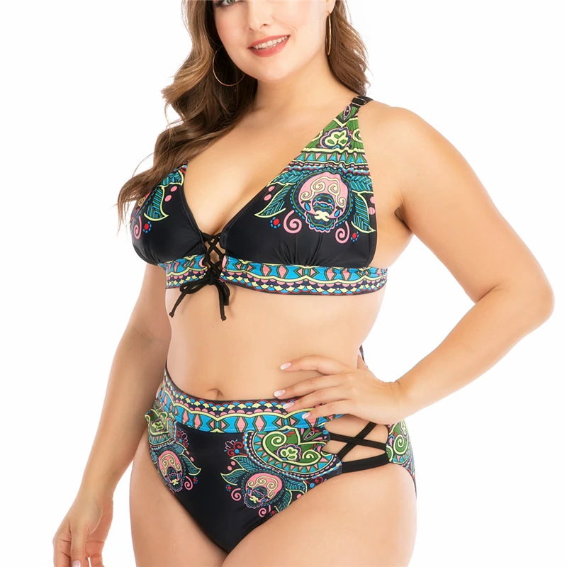 

New Plus Size Bikinis Set for Women Fat High Waist Swimwear Summer Printed Large Waistline Biquine Brasileiro 2 Piece Tie Bikini