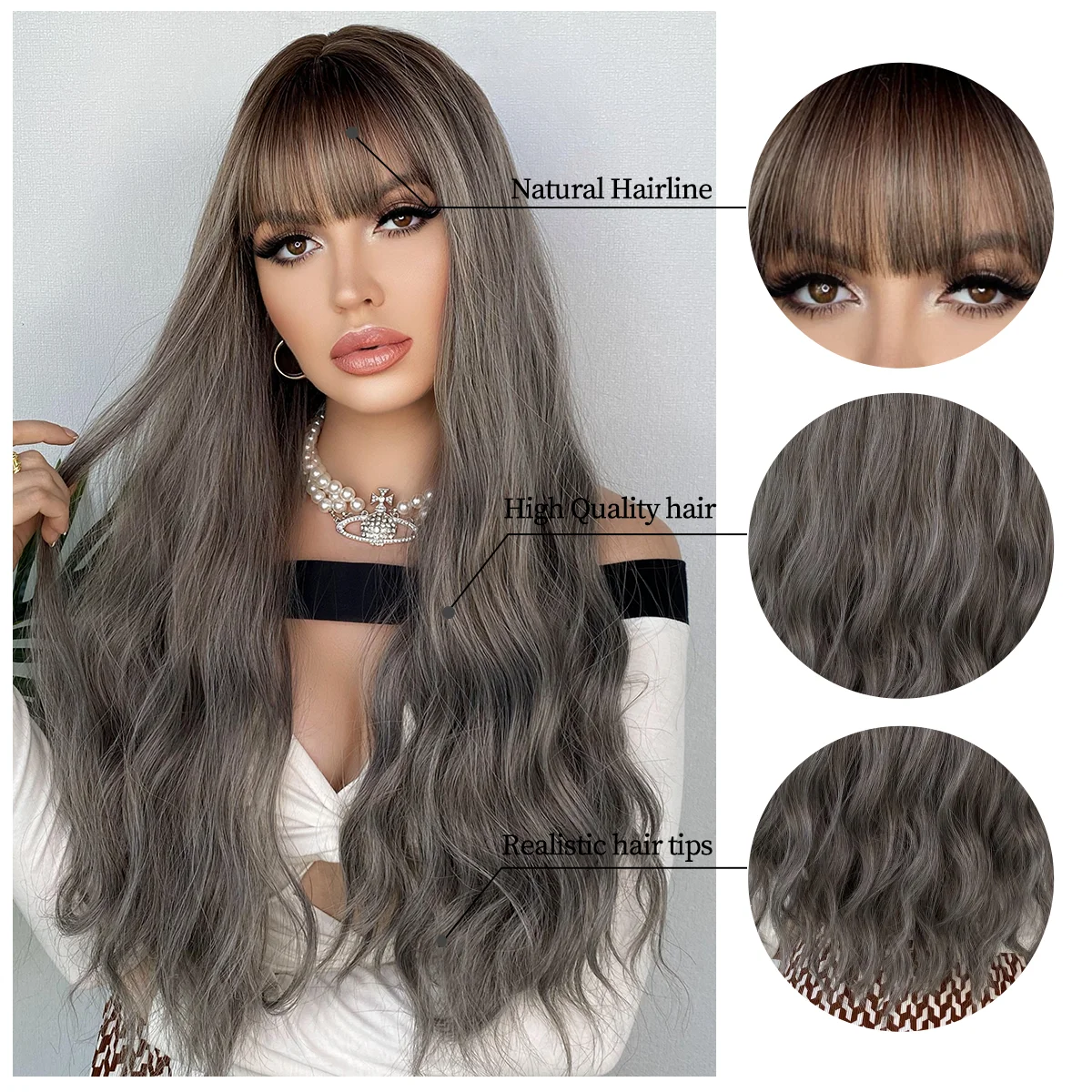 Cosplay Wigs Silver Gray Pink Wig for Women Natural Long Wavy Hair With Bangs For Women Girl Heat Resistant Fiber Halloween