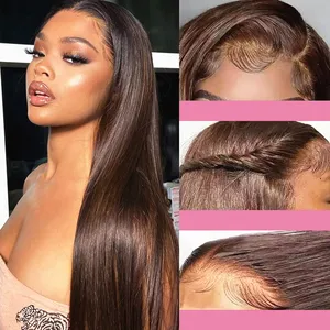 26Inch Natural Brown Silky Straight Preplucked Soft 180%Density Natural Hairline Glueless Lace Front Wig For Women Babyhair