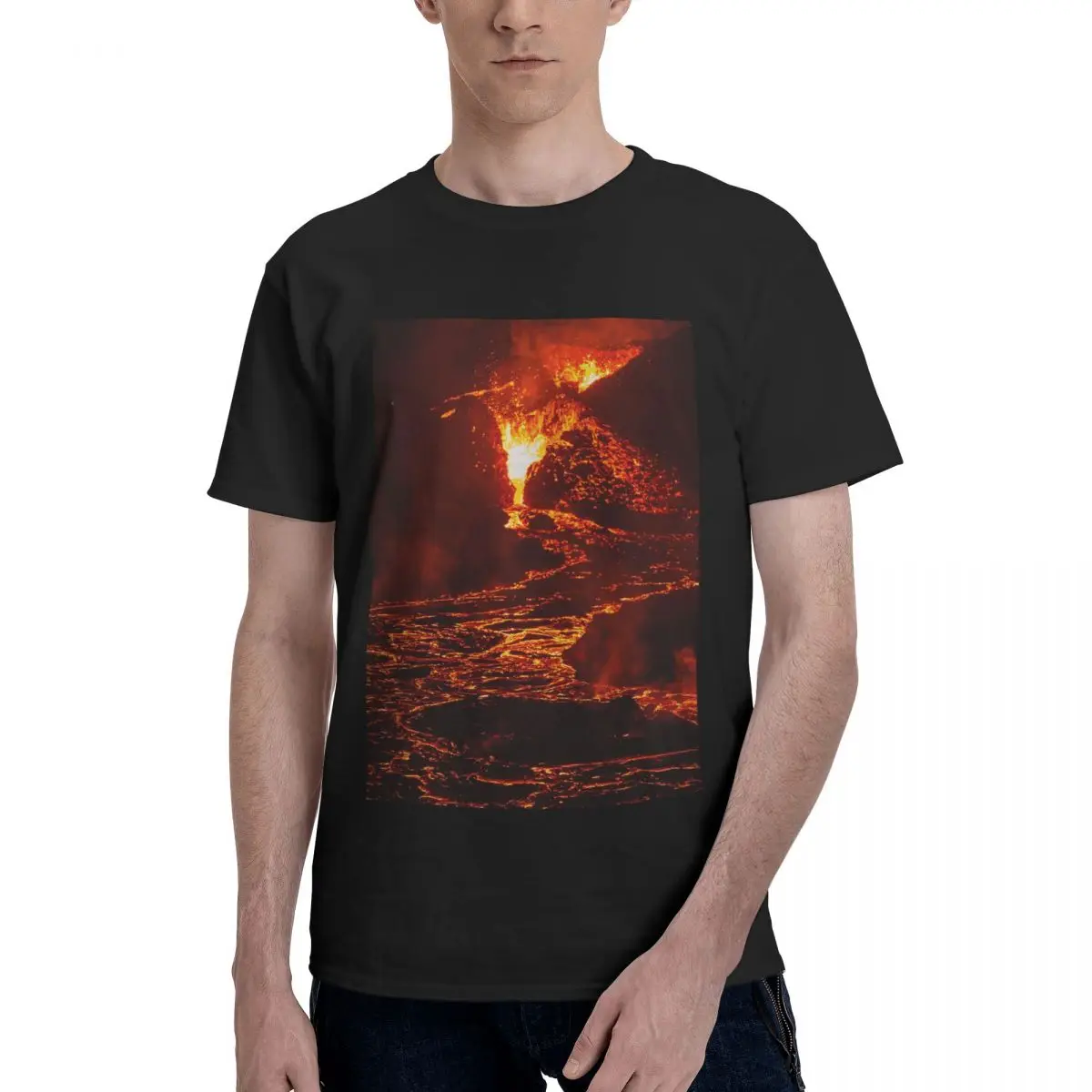 

Lava Crater Flow At Night Iceland Tonga Volcano Funny Sarcastic Men's Basic Short Sleeve T-Shirt men set Ash Novelty Tees Tops