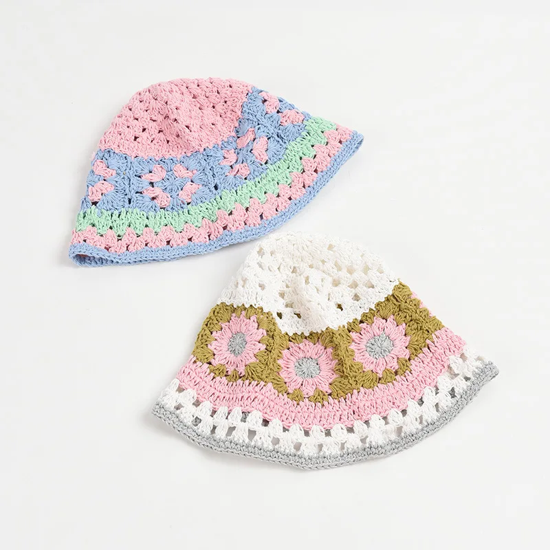 Korean Japan Niche Design Cotton Knitted Crochet Bucket Hat Fisherman Hat Women's New Sweet Handmade Hollow Basin Beanie Hat