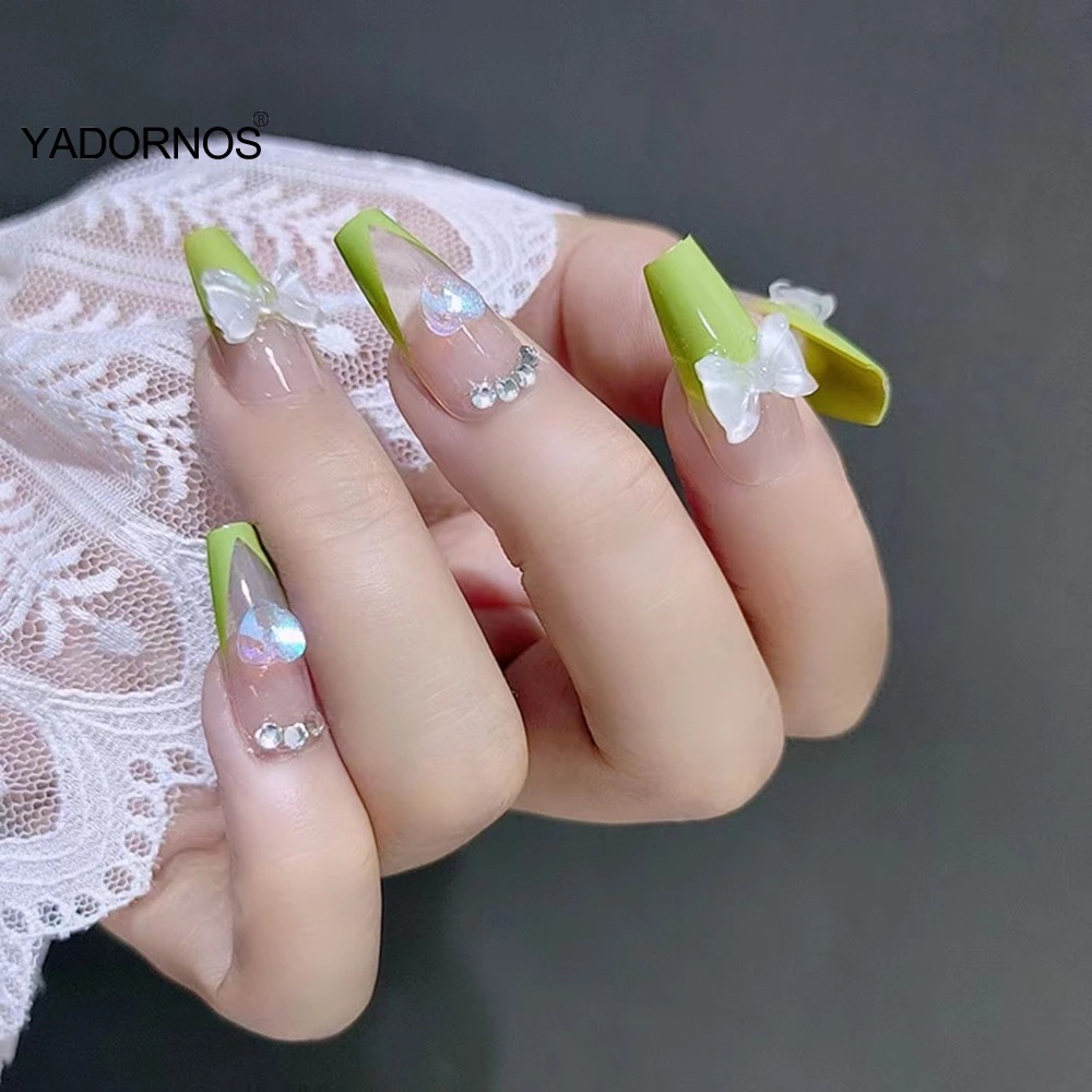 

Корейские накладные ногти, 24 шт., накладные ногти с дизайном, зеленые накладные ногти для девочек, носимые искусственные ногти с полным покр...