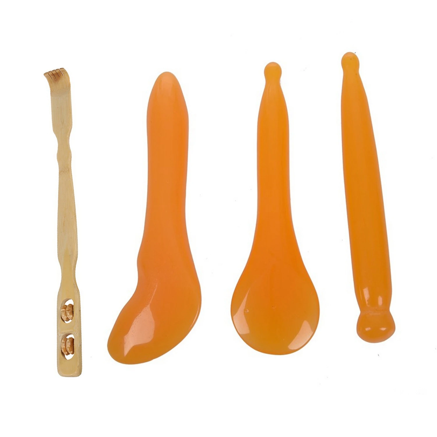 

19 Inch Handy Bamboo Massager Back Scratcher Stick With Roller & 3 In 1 Scraping Plate Gua Sha Guasha Massage Orange