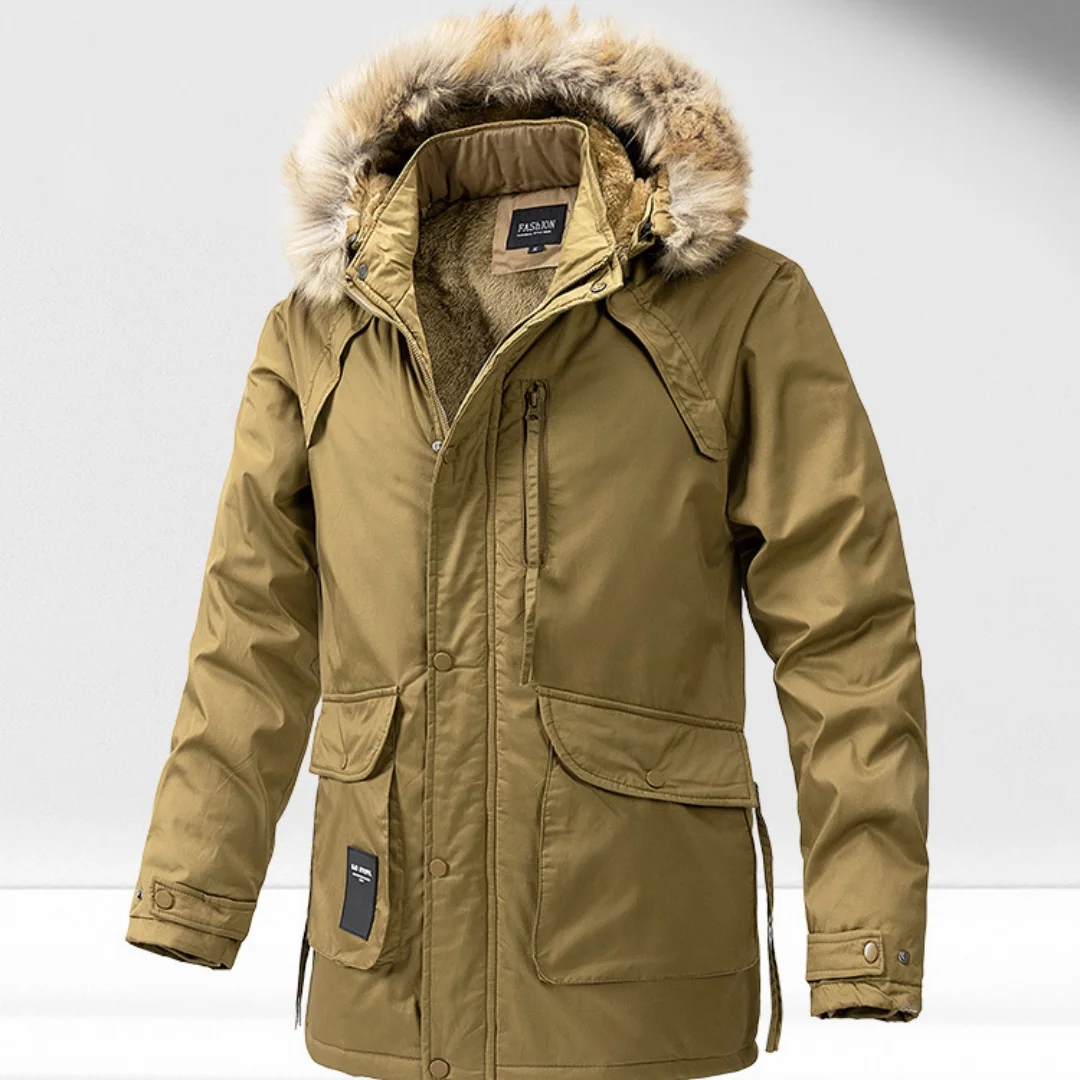 2024 новое зимнее мужское длинное пальто теплое тактическое с меховым капюшоном в