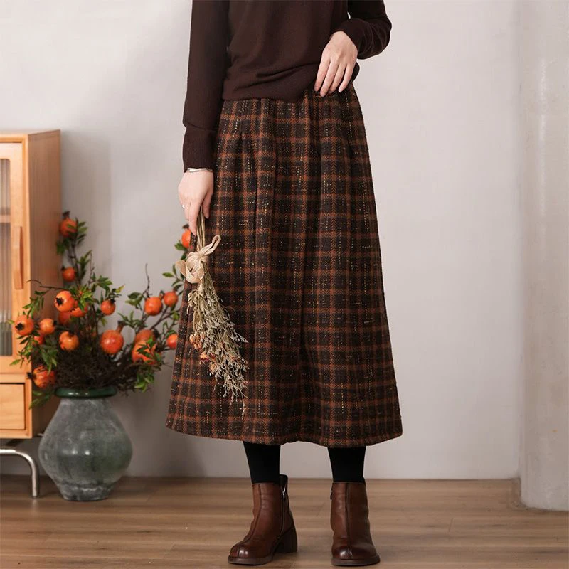 

Vintage Plaid Thicken Winter Skirts for Women 2023 Autumn High Waisted Long Woolen Skirt Women Elegant A-Line Skirts