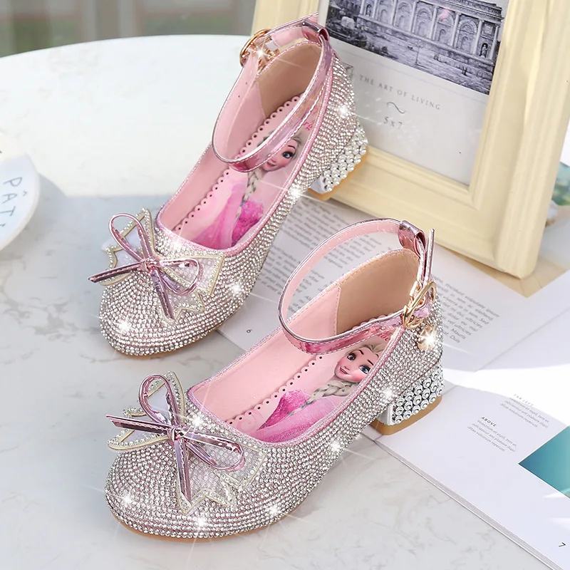 

Disney spring new girl crystal high-heeled princess shoes little girl frozen elsa princess shoes children's leather shoes