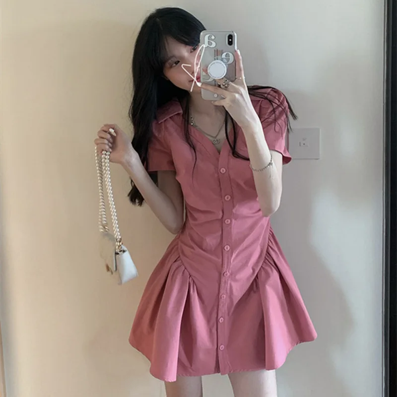 

2022 Summer Korean Version Shirt Skirt Waist Slim Dress Female Hot Girl Sexy Temperament Short Sleeve Hepburn Trend