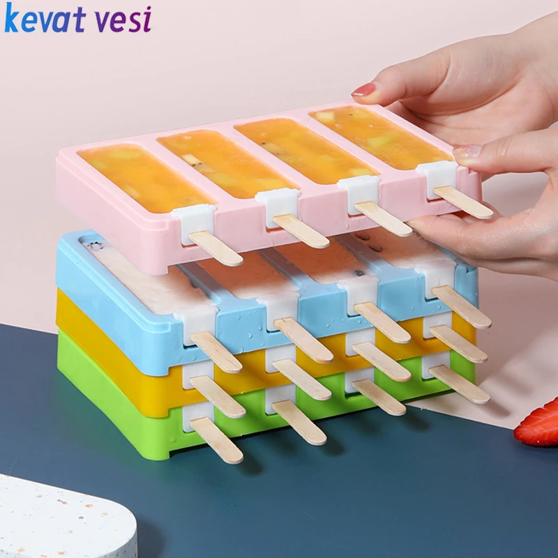 

2/4 Grid Silicone Ice Cream Mold with Stciks Diy Popsicle Molds Tray Ice Pop Maker Mould Homemade Ice Lolly Mold Kitchen Tools