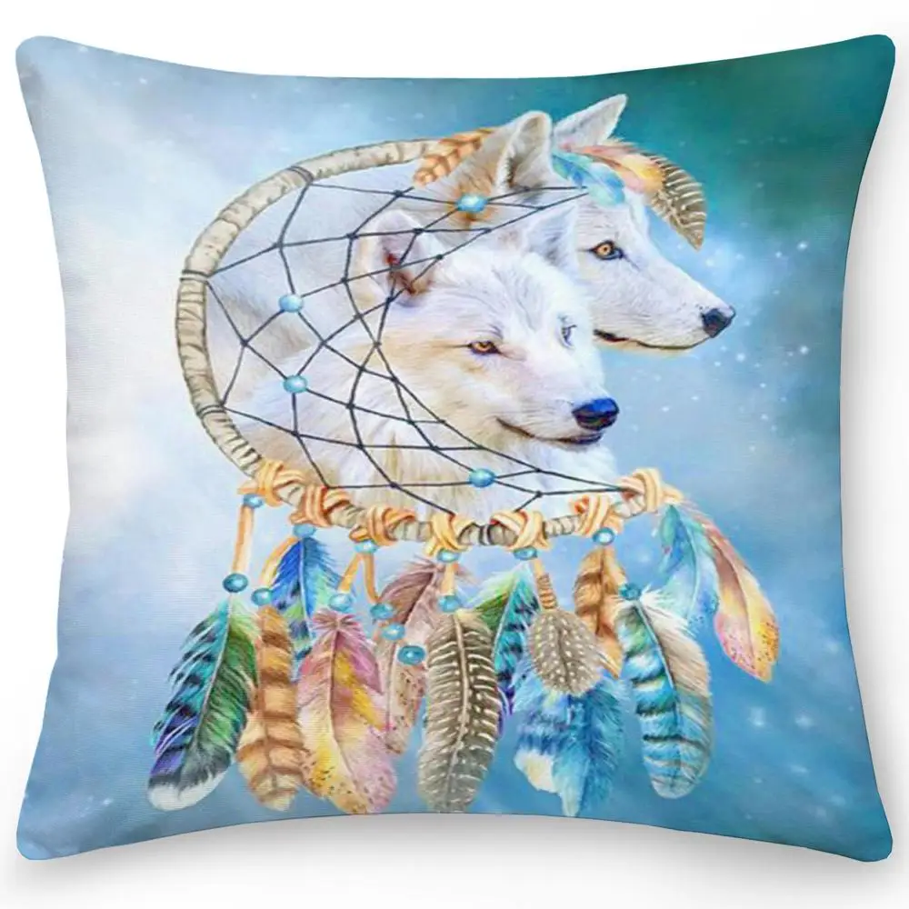 Двухсторонний чехол с изображением Ловца снов волка орла подушки персиковая