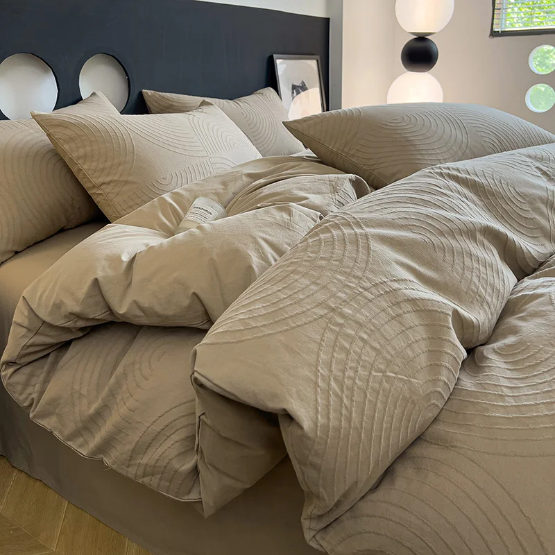 Tiao (Bedding Article) Waffle Jacquard Double-Layer Yarn Four-Piece Set Simple Solid Three-Piece Bedding
