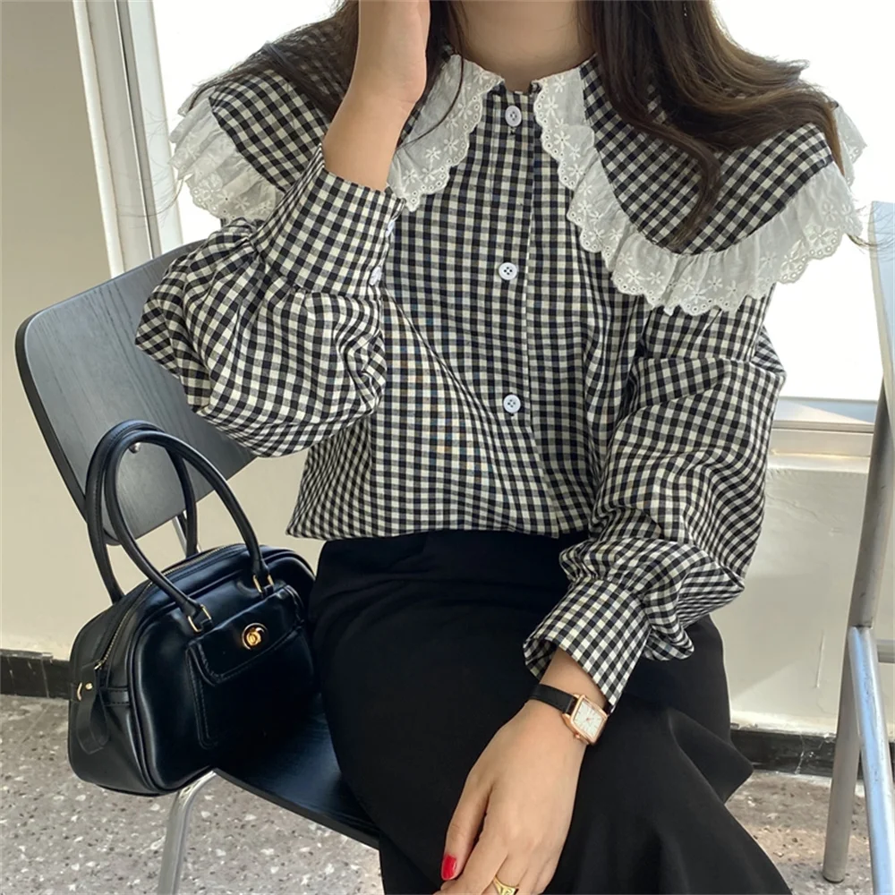 

Winter Plaid Women Blouses Tops All Match Korean Chic Sweet Girls Peter Pan Collar New Shirts Casual Office Wear Loose