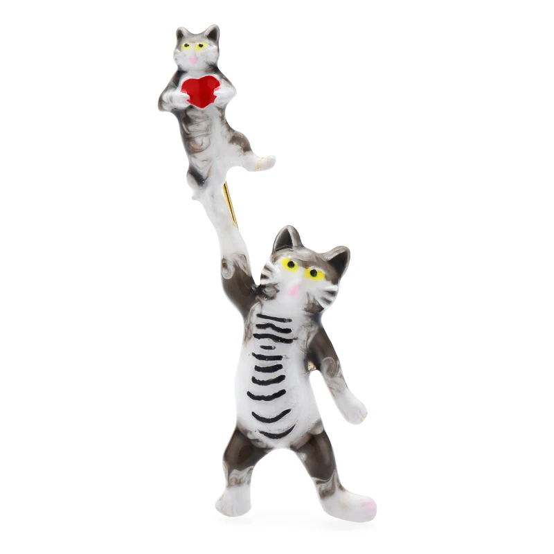 

Wuli&baby Holding Heart 2 Cats Brooches For Women Unisex 2-color Enamel Naughty Pets Animal Party Brooch Pin Gifts