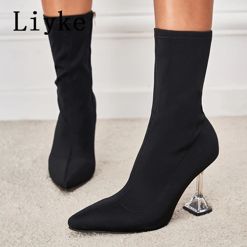 

Liyke Spring Autumn Chelsea Ankle Boots Women Fashion Transparent Strange Heels Sexy Pointed Toe Zip Stretch Fabric Socks Shoes